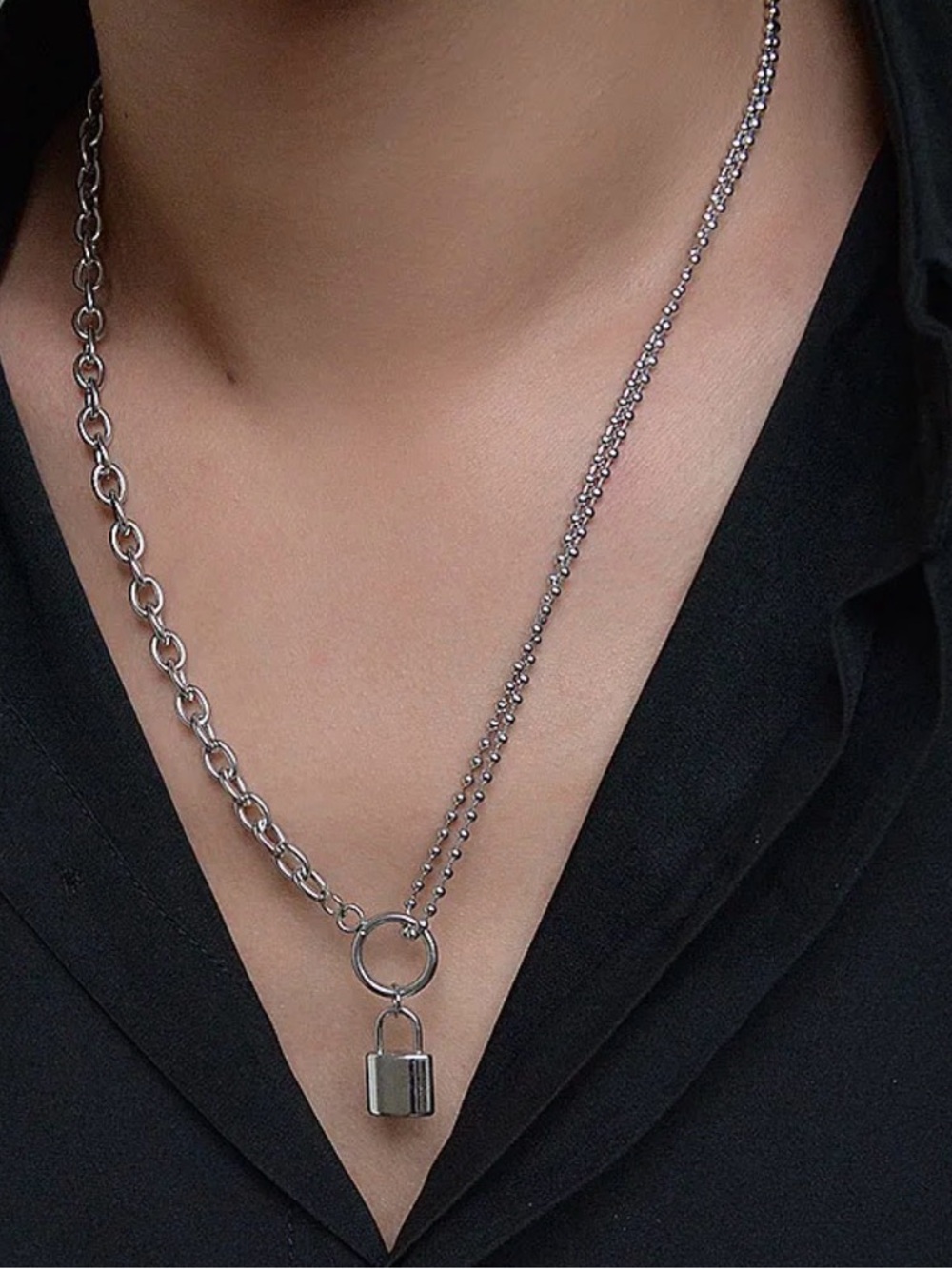 Silver Padlock Pendant Layered Chain Necklace